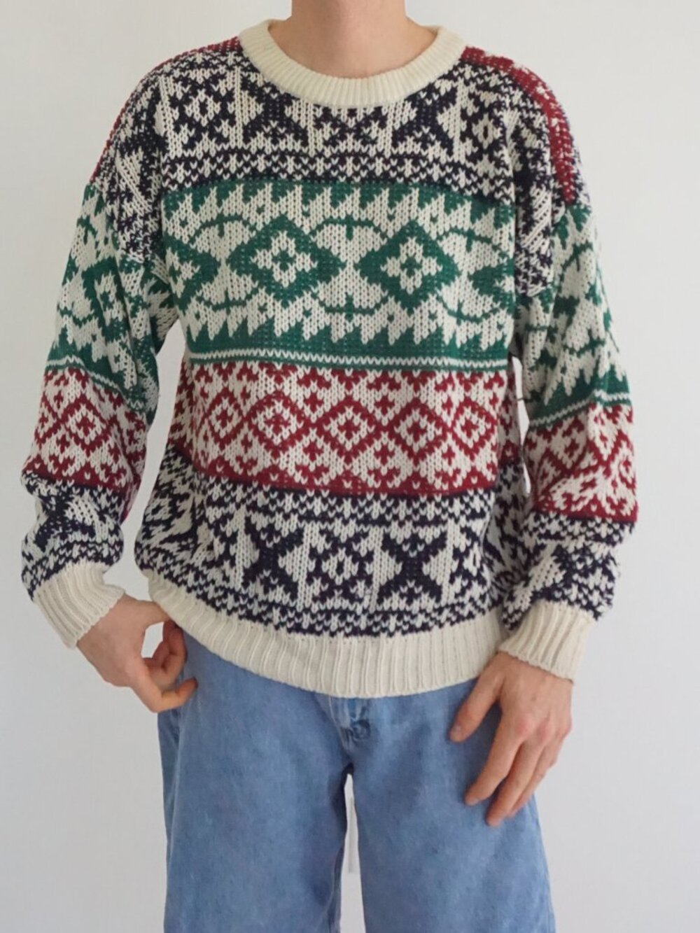 Vintage Cube Cream Navy Fair Isle Snowflake Nordic Norwegian Ski Lodge Sweater L